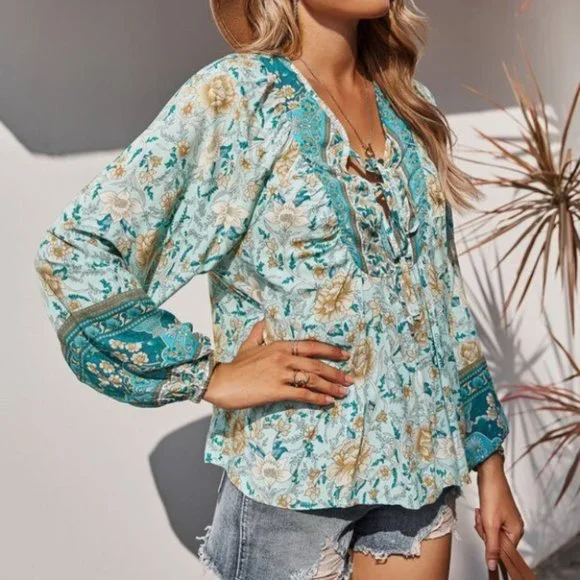 Boho Gypsy Floral Print Blouse Top teal - Picture 4 of 8